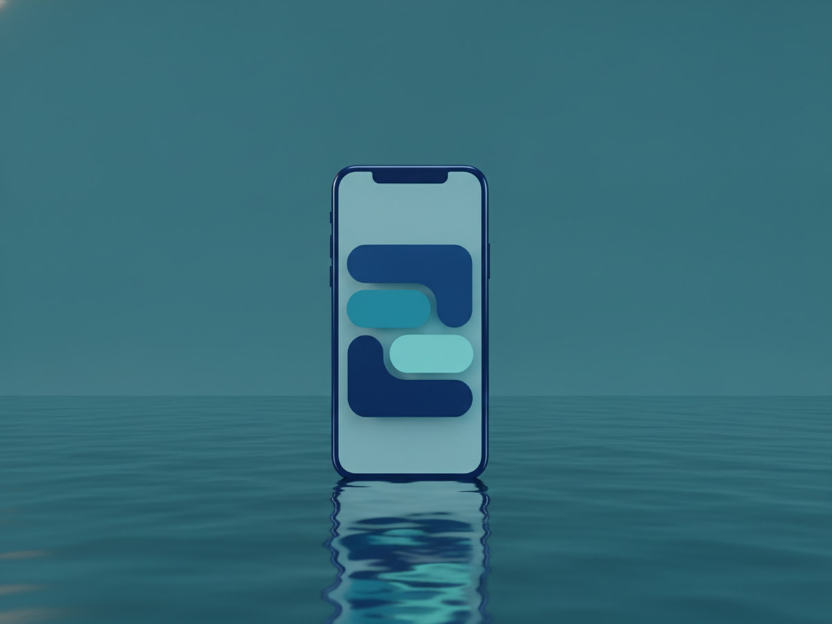 Экран смартфона с интерфейсом тестовых заданий на фоне воды